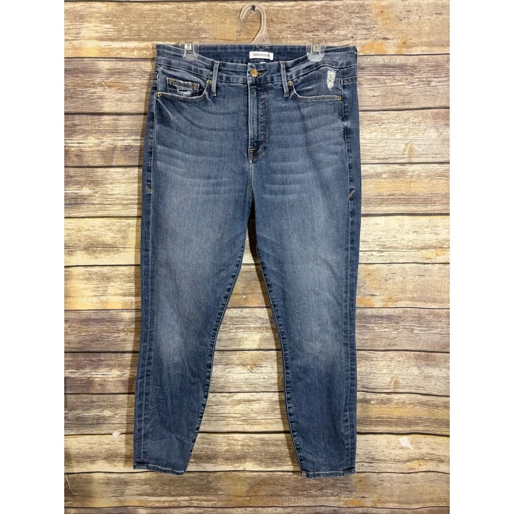Good American Good Legs Ripped Crop Skinny Jeans 14 32 High Rise Destroy Blue187